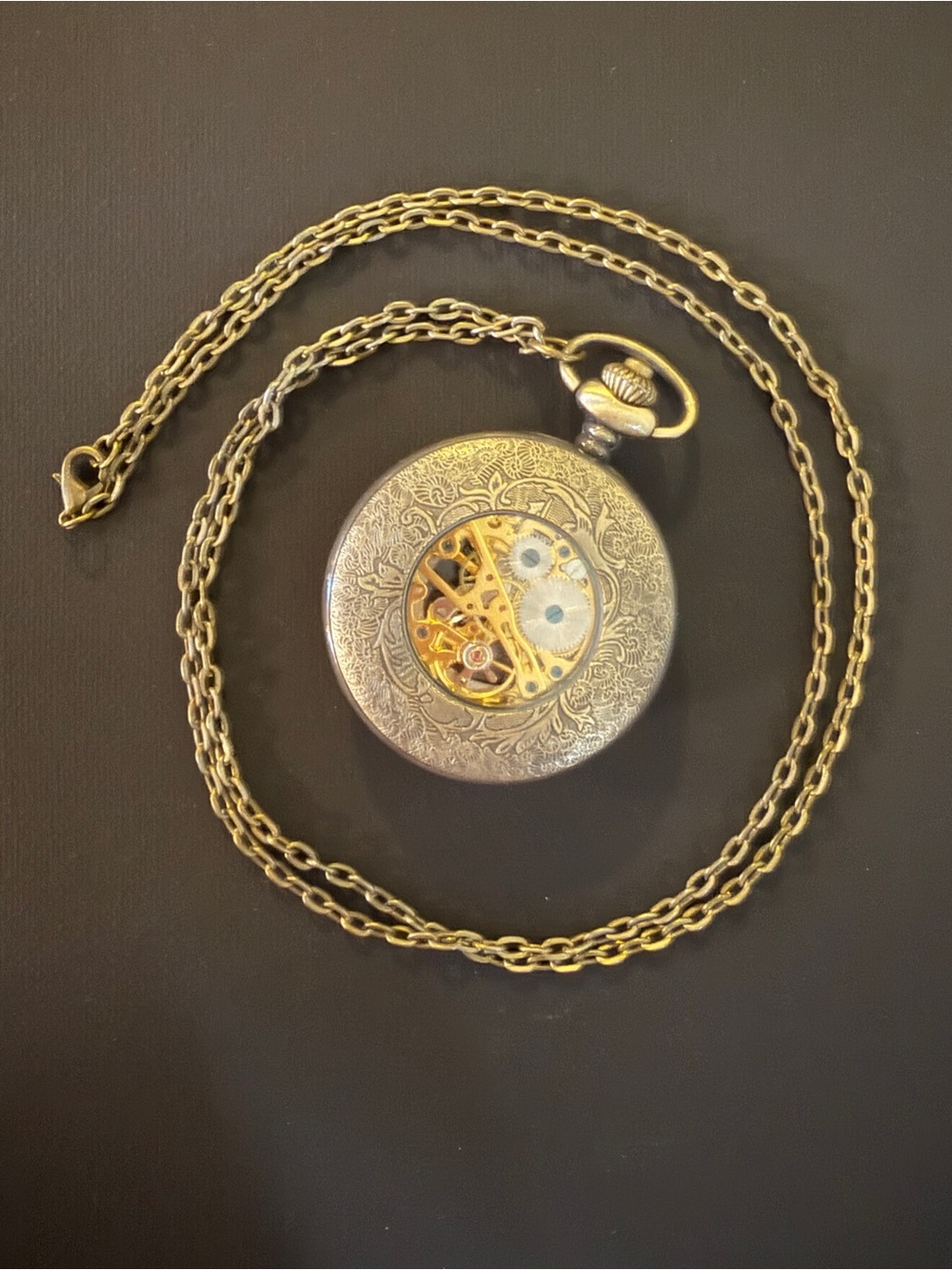 Steampunk Skeleton Pocket Watch Necklace Bronze Filigree 30” Chain